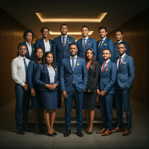 A professional group portrait of diverse university students in Abomey-Calavi, Benin, wearing Rotaract pins and formal business attire.