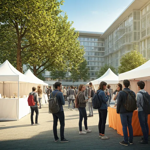 A vibrant outdoor festival or fair scene at a university campus with colorful booths and groups of students interacting.