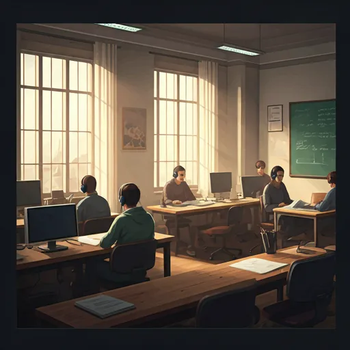 A clean, minimalist classroom setting with students of various backgrounds engaged in a language laboratory.