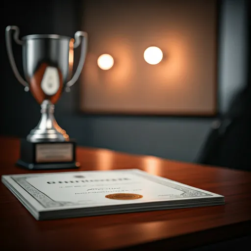 A professional close up of a silver trophy and certificates on a mahogany table, symbolizing achievement and excellence.