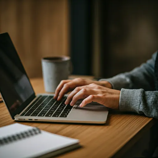 A close up of hands typing on a laptop in a modern co-working space.