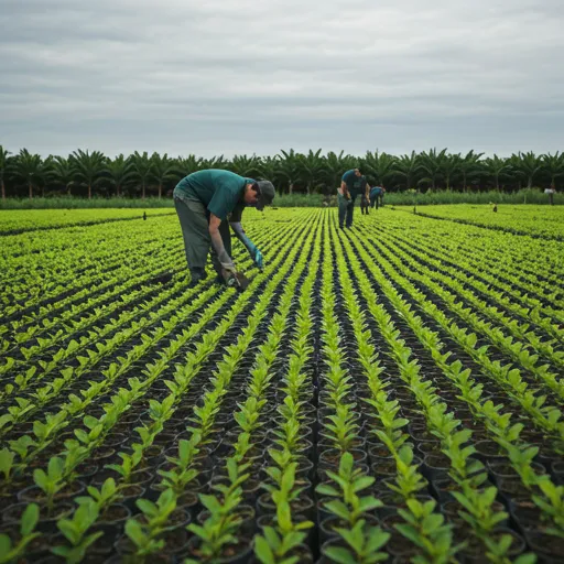 Lush green rows of young saplings planted in a systematic grid in a tropical fertile landscape.