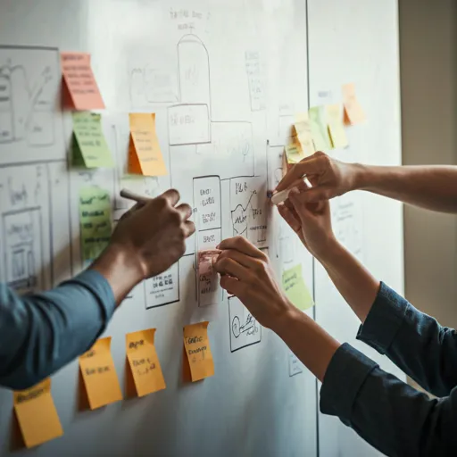 Close up of diverse hands collaborating over a large whiteboard covered in colorful post-it notes and sketches of business models.