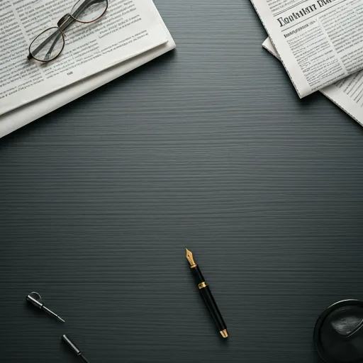 A top-down view of a modern desk with various international newspapers, a pair of glasses, and a fountain pen.