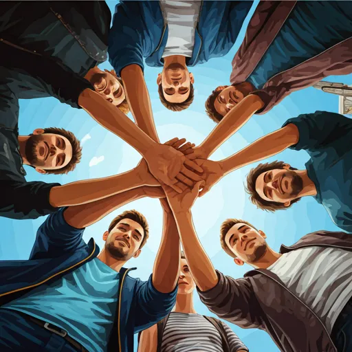 A group of university students in a circle, hands joined in the middle, symbolizing unity and collective action.