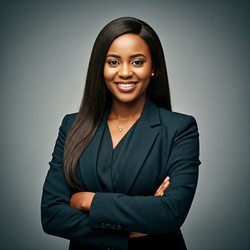 An elegant studio portrait of a young West African female leader in professional business attire, smiling warmly.