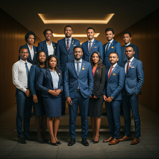 A professional group portrait of diverse university students in Abomey-Calavi, Benin, wearing Rotaract pins and formal business attire.
