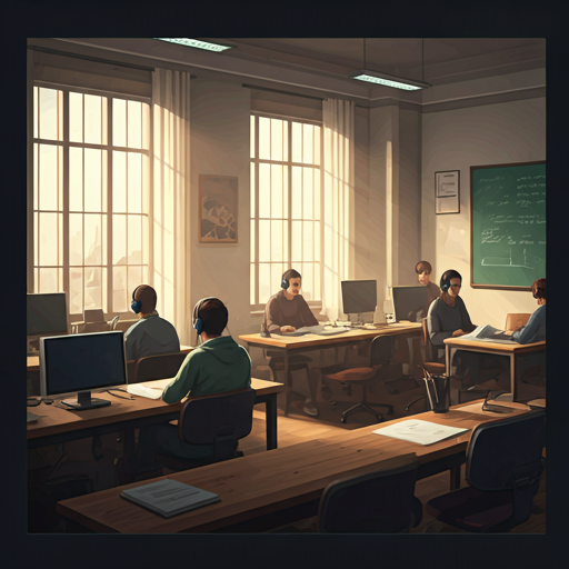 A clean, minimalist classroom setting with students of various backgrounds engaged in a language laboratory.
