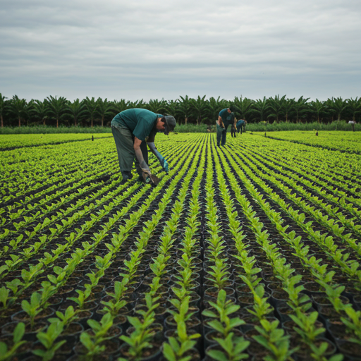 Lush green rows of young saplings planted in a systematic grid in a tropical fertile landscape.